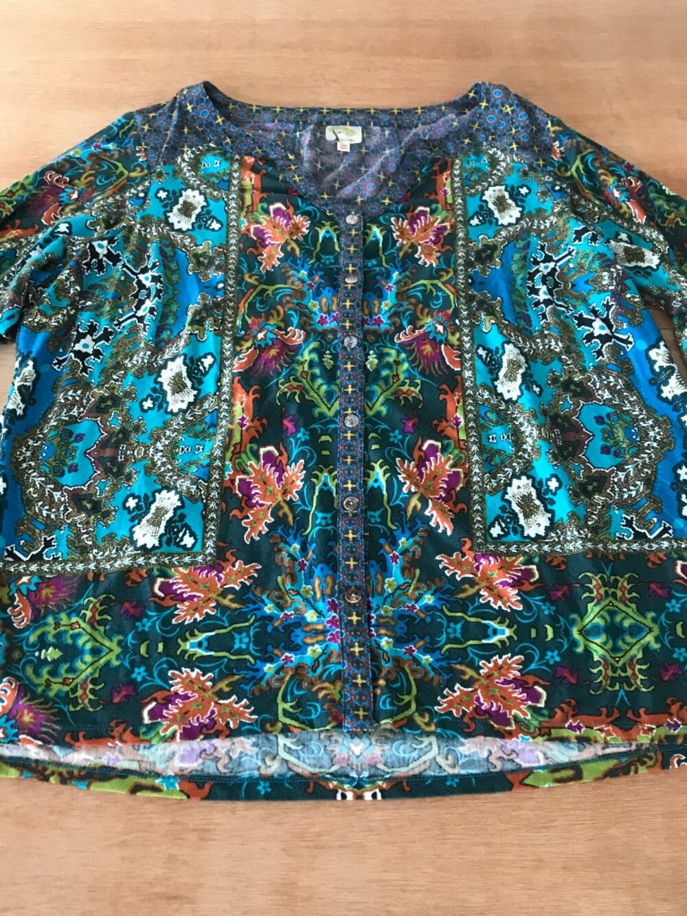 Fig & Flower Tunic Top Women 2XL Blue Paisley Button Up V Neck Peasant Boho